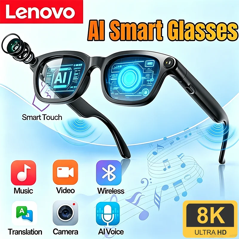 Lunettes intelligentes Lenovo avec caméra 8K HD : lunettes sans fil Bluetooth, IA, appels, traduction et assistant vocal – Lunettes de soleil intelligentes