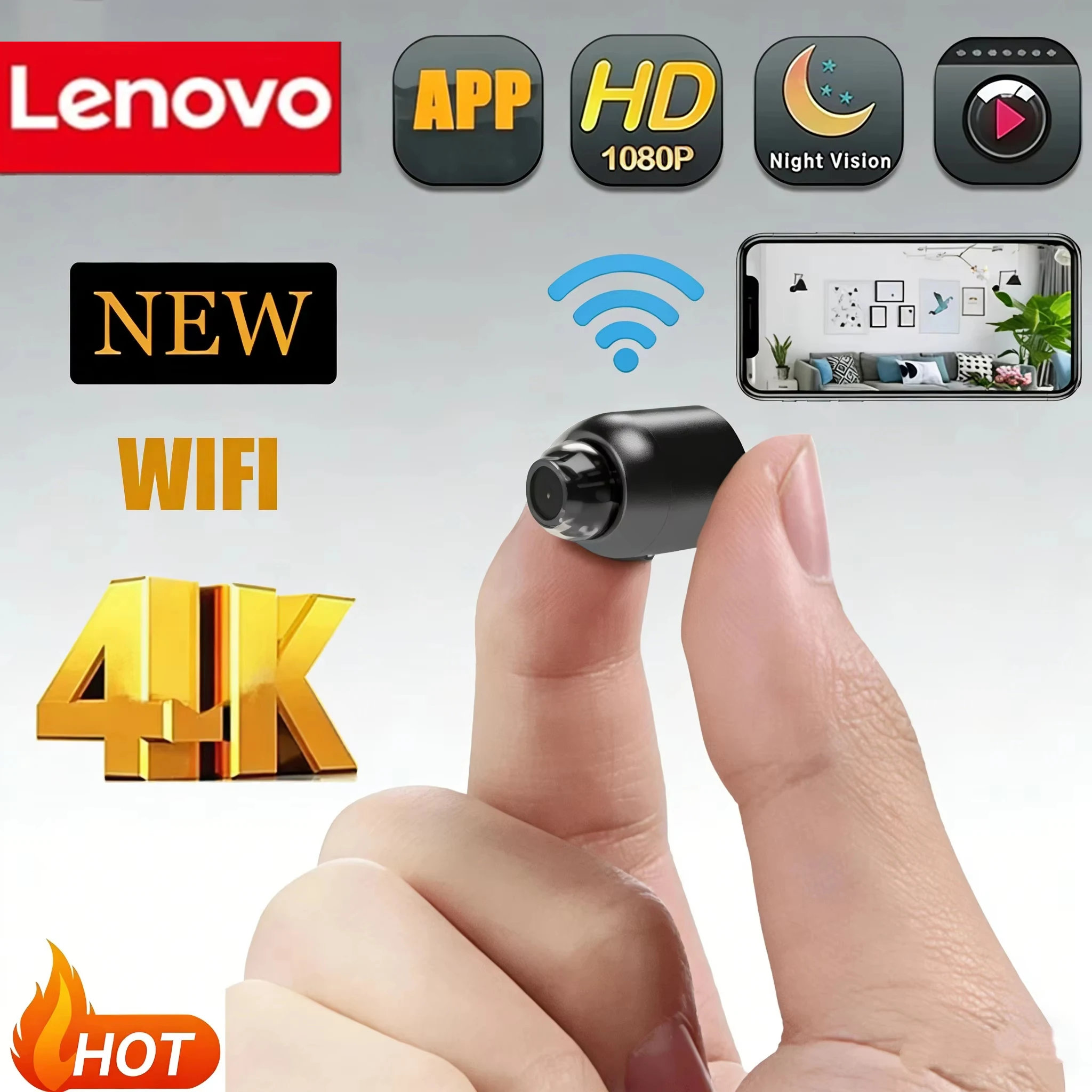 Caméra sans fil Lenovo 4K de surveillance et de sécurité, vision nocturne, détection de mouvement, mini-caméra, moniteur, maison connectée