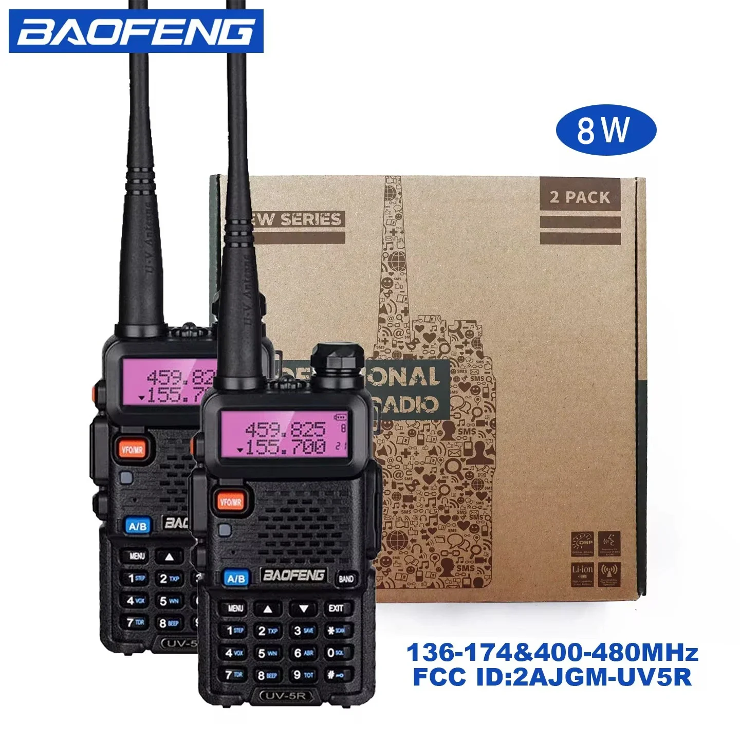 Lot de 2 talkies-walkies portables BAOFENG UV-5R 5 W / 8 W haute puissance, double bande, longue portée, pour la chasse