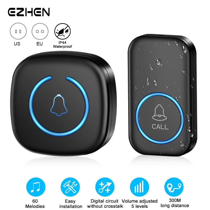 Sonnette sans fil « Intelligent Welcome » – Portée de 300 m / 984 pieds – Télécommande – 60 mélodies – Sonnette connectée pour la maison – Prise compatible États-Unis, UE et Royaume-Uni (en option)